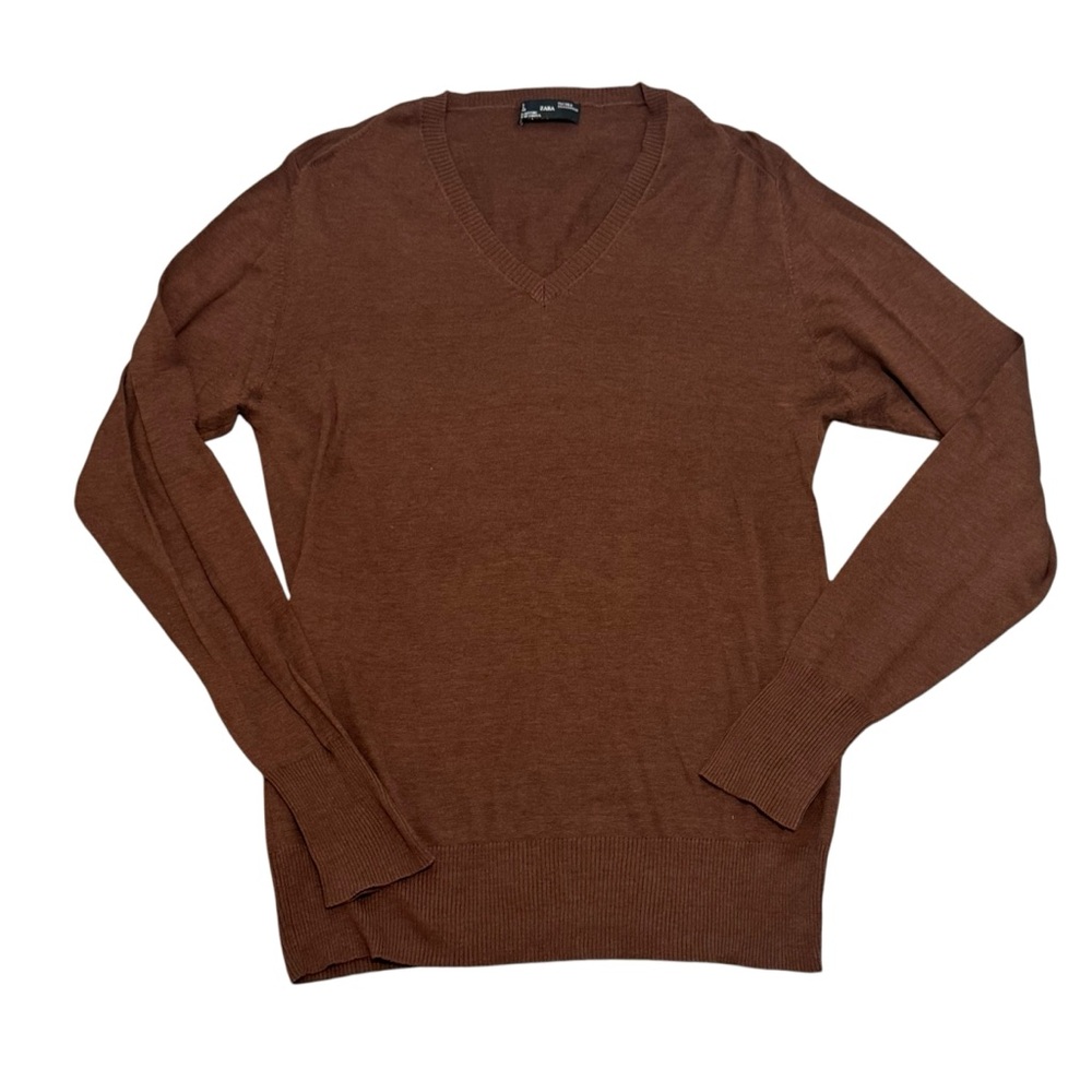 Zara Cotton Silk Blend Brown Lightweight V-neck sweater